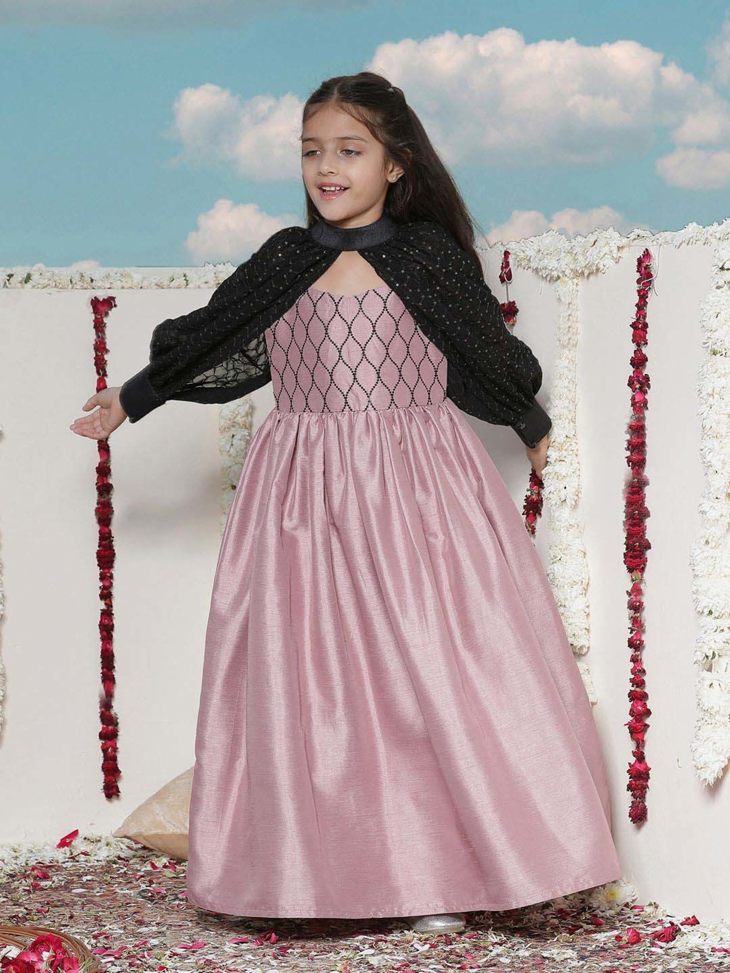 VASTRAMAY Girls Pink & Black Embroidery Full Sleeves Dresses