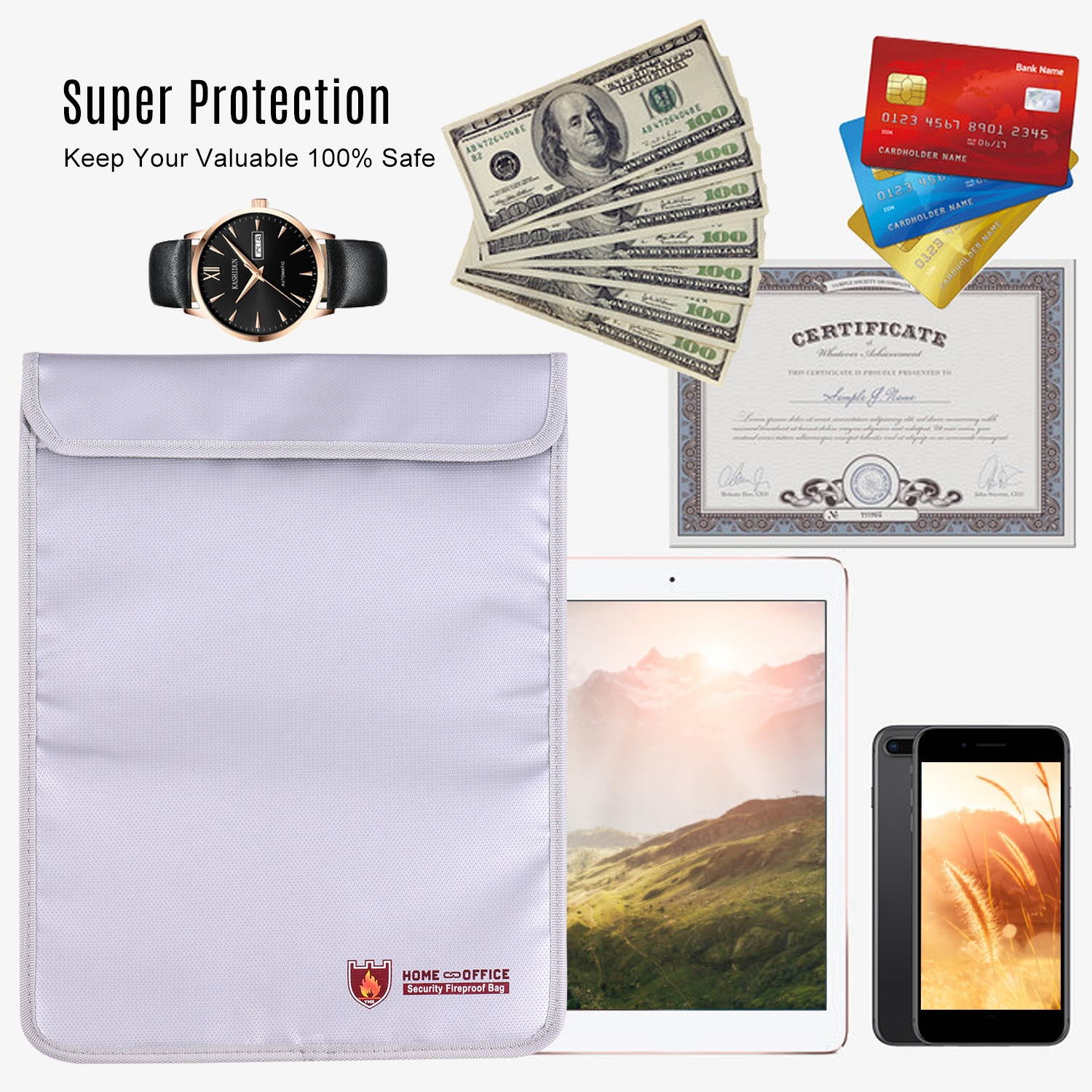 Double Zipper Fireproof Document Bag Pouch Organizer Silicone Coated Fire Water Resistant Safe Storage for Cash Documents Jewelry Passport