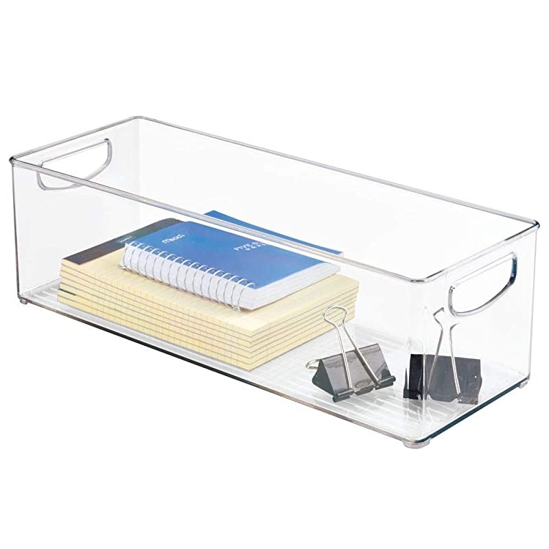 Large Stackable Plastic Storage Bin Container, Home Office Desk and Drawer Organizer Tote with Handles - Holds Gel Pens, Erasers, Tape, Pens, Pencils, Markers - 16" Long - Clear