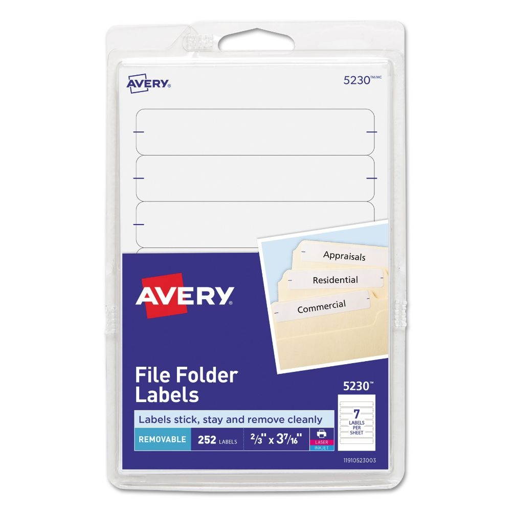 Avery Removable 1/3-Cut File Folder Labels Inkjet/Laser .66 x 3.44 White 252/PK