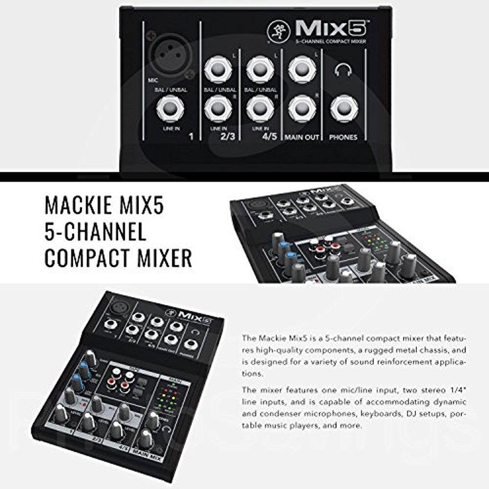 Mackie Mix Series Mix5 5-Channel Compact Mixer and Platinum Bundle w/ Dynamic Microphone + Studio Desktop Mic Stand + Headphones + Cables + Fibertique Cloth