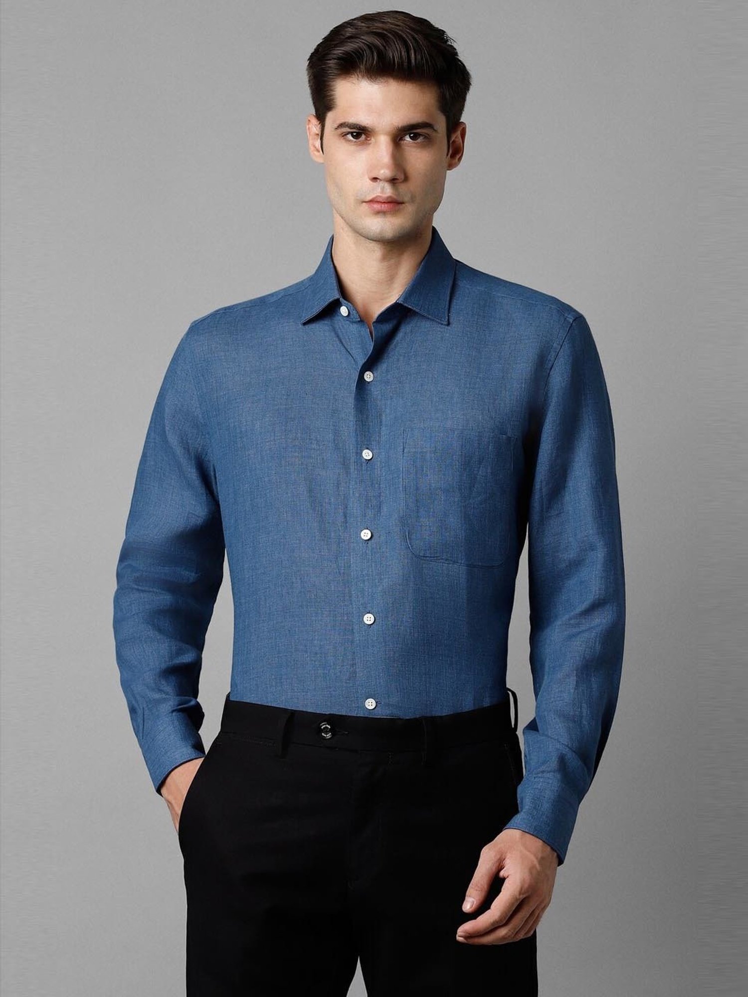 Luxure By Louis Philippe Blue Linen Regular Fit Self Pattern Shirt