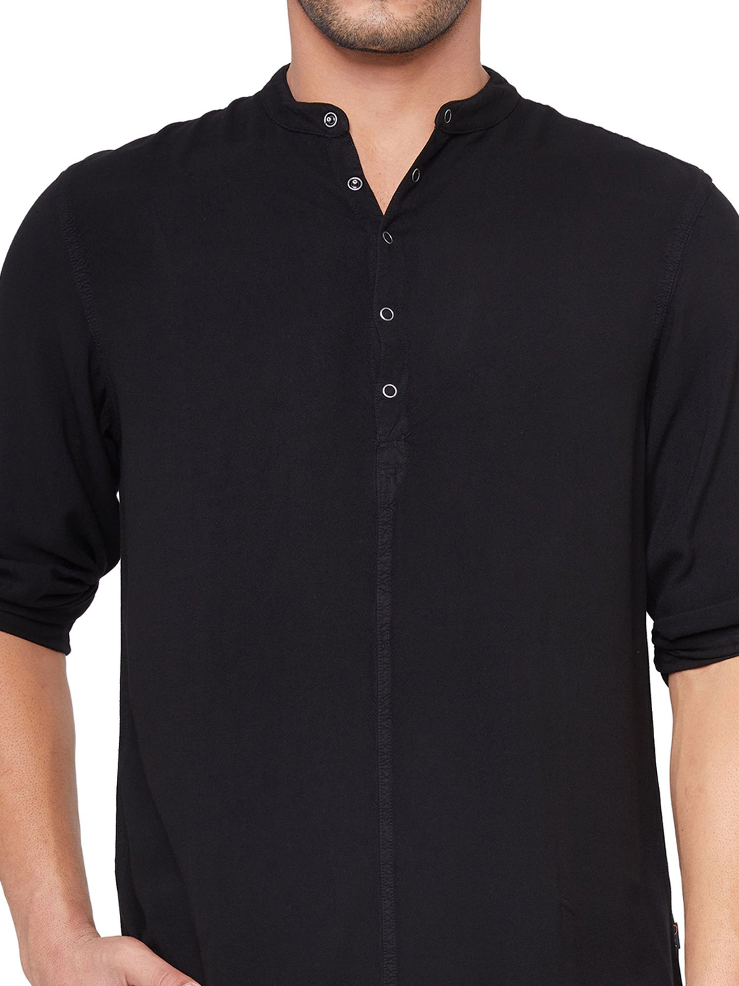 Identiti Black Full Sleeves Solid Slim Fit Short Kurta