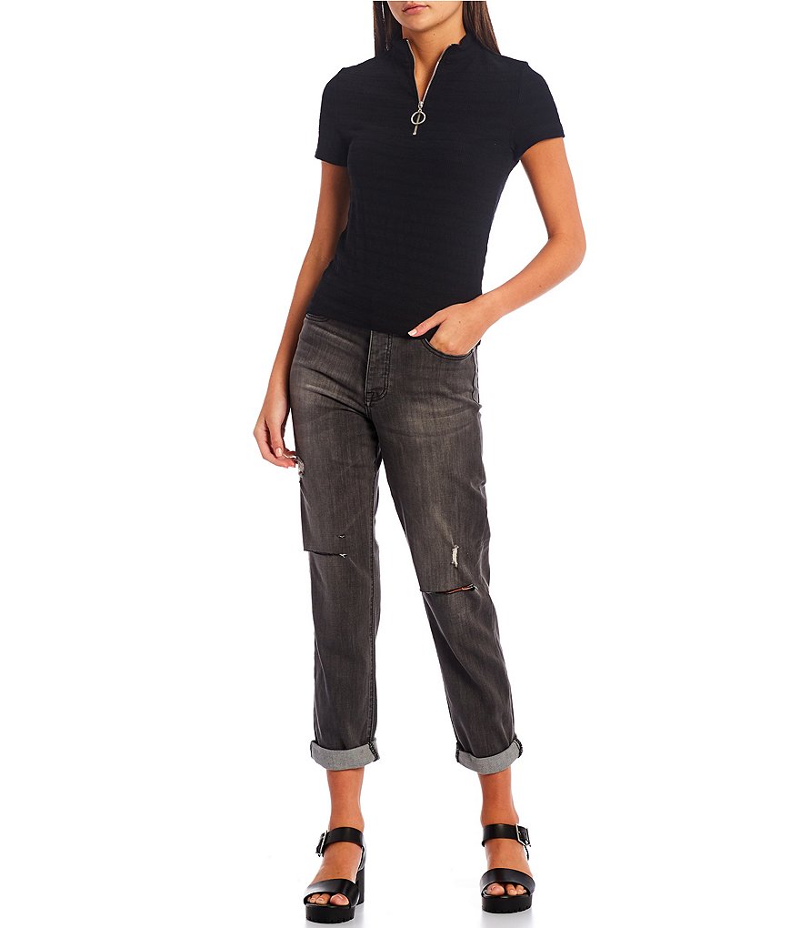 Good Luck Gem Short-Sleeve Mockneck Half-Zip Top