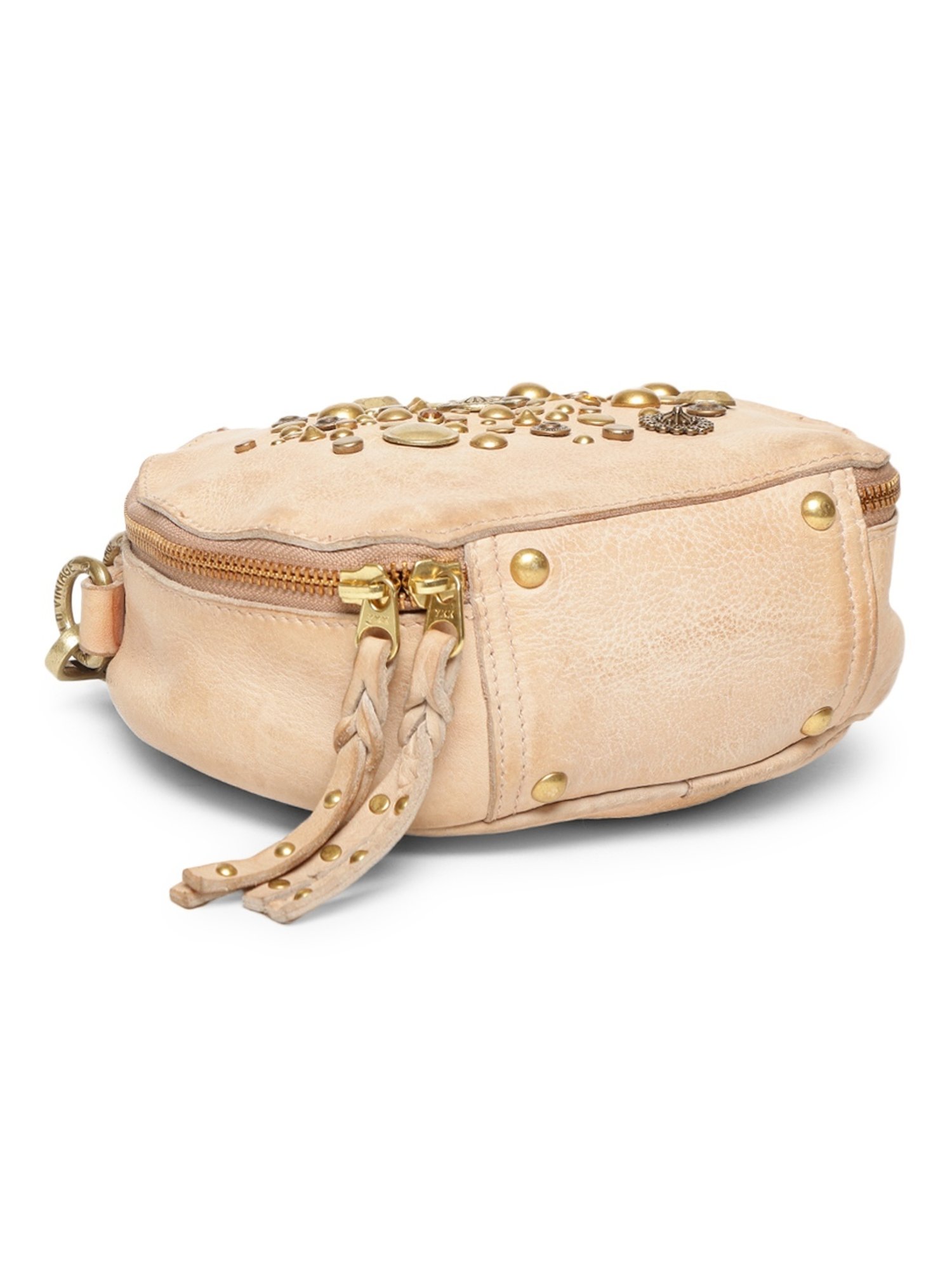 Art N Vintage Rivet & Concho Cream Leather Embellished Small Handbag