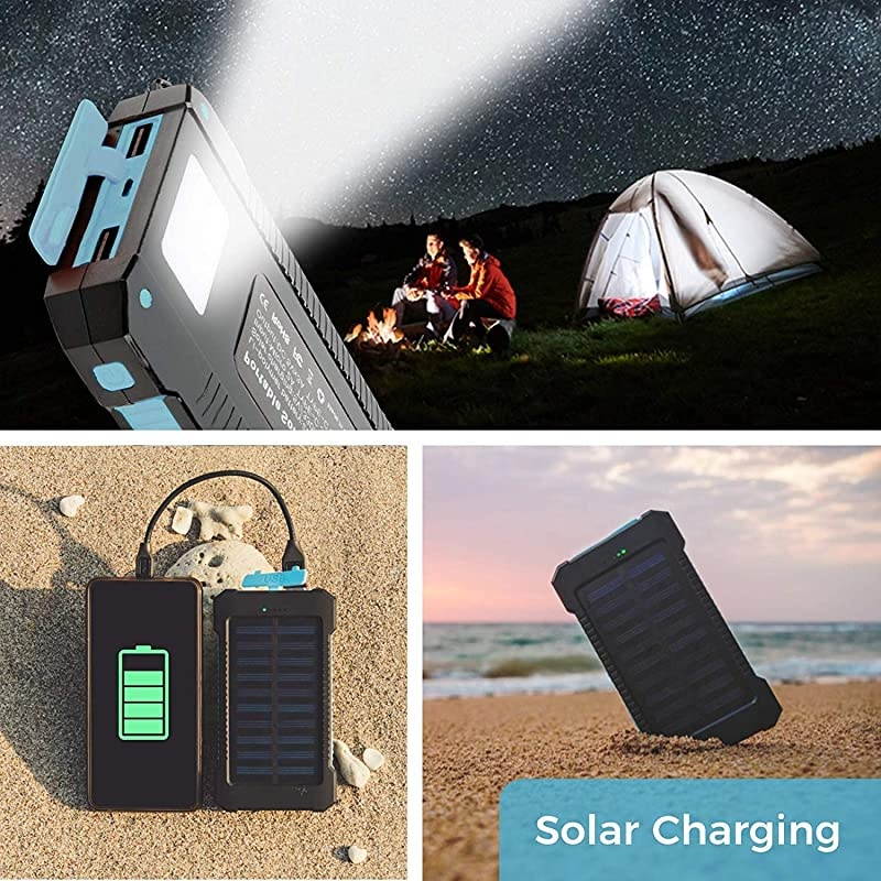 Solar Phone Charger 20000mAh Portable Power Bank Waterproof Battery Packs with Dual Ports Compass Flashlight for Camping Solar Panel for SmartphonesGoPro CameraGPS and Other Devices