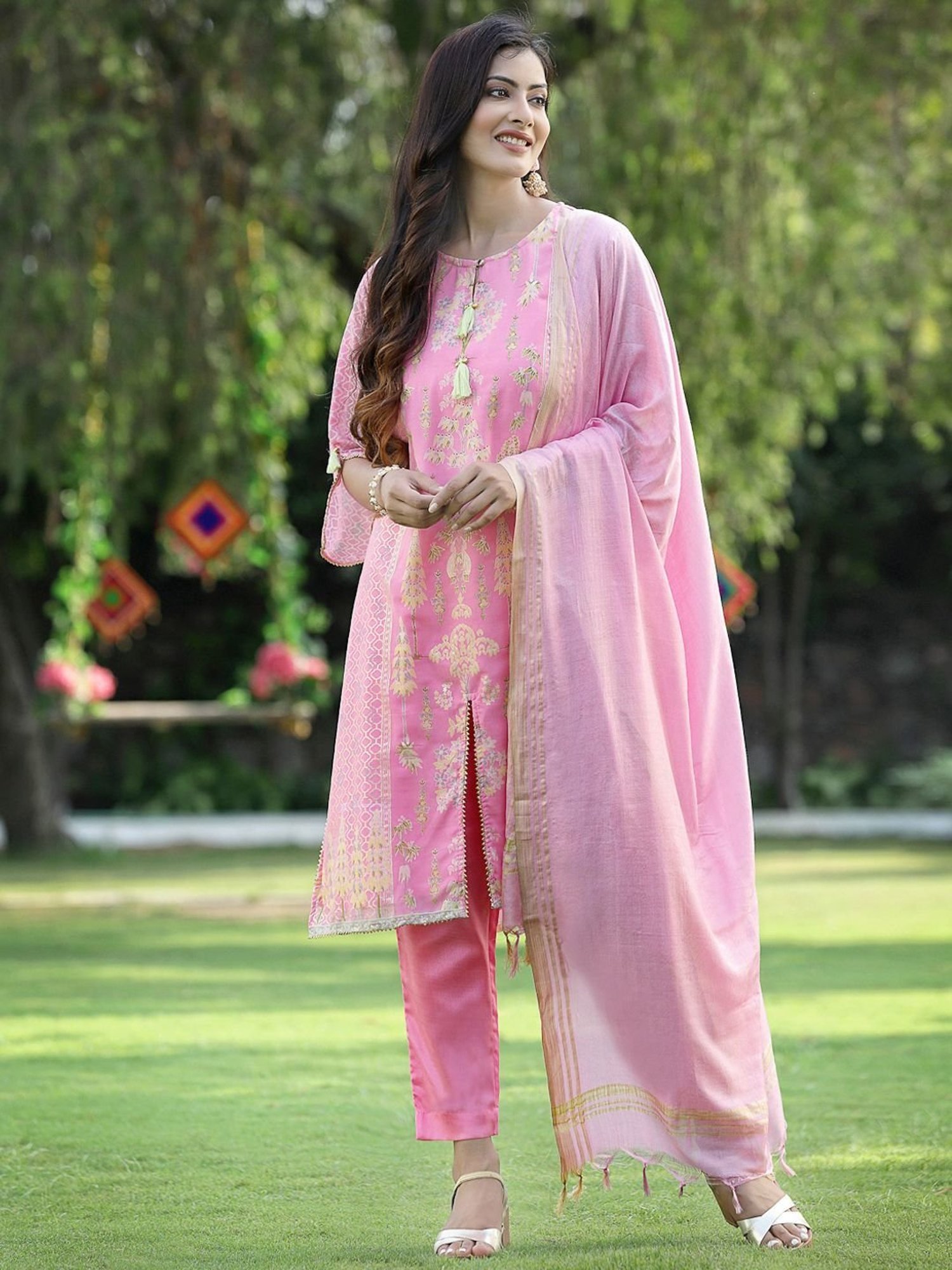 Juniper Pink Ethnic Motif Printed Georgette Kurta Pants & Dupatta Set With Tassels & Lace