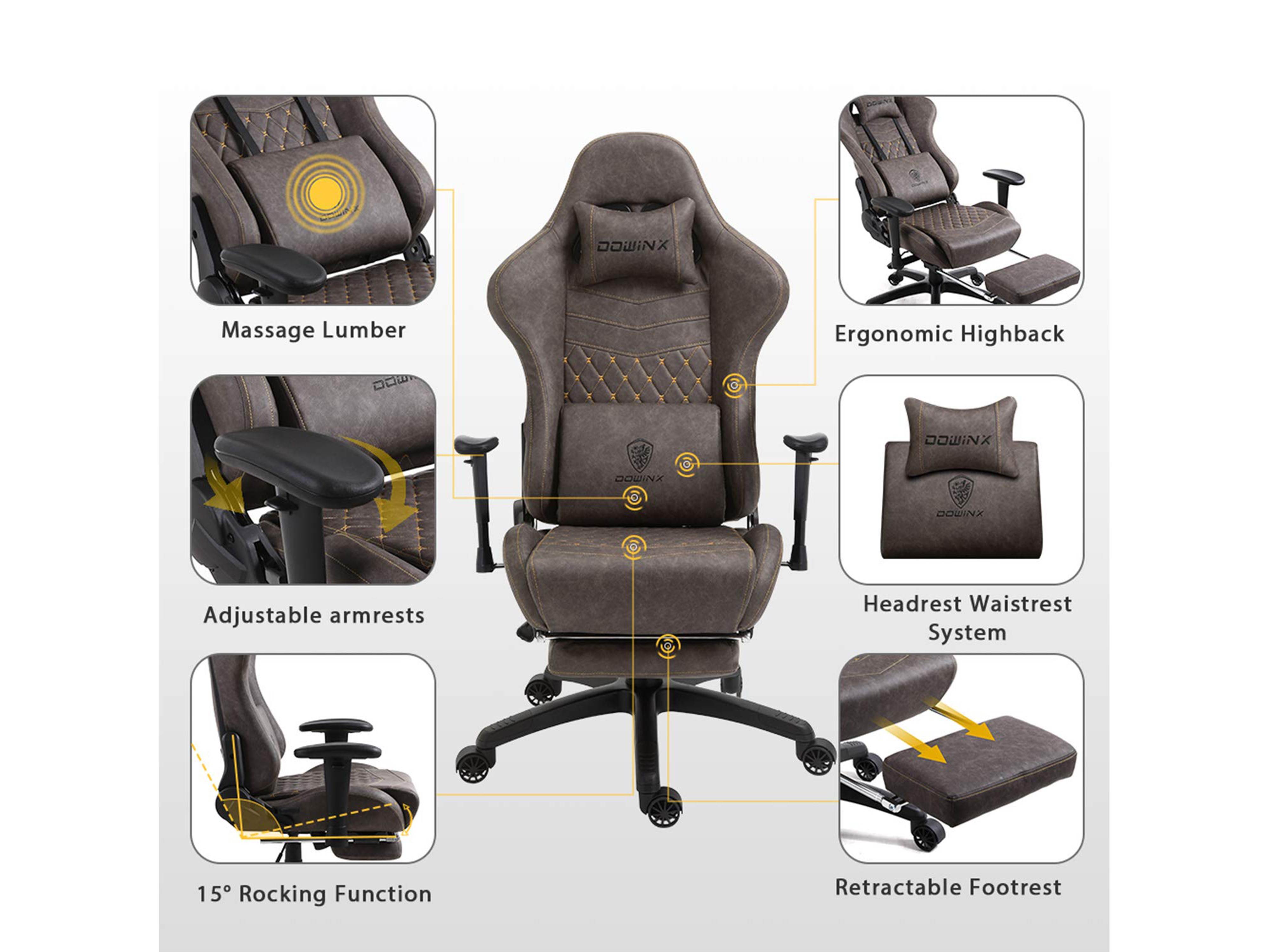 Dowinx Gaming Chair Ergonomic Retro Style Recliner with Massage Lumbar Support Office Armchair for Computer PU Leather with Retractable Footrest Grey