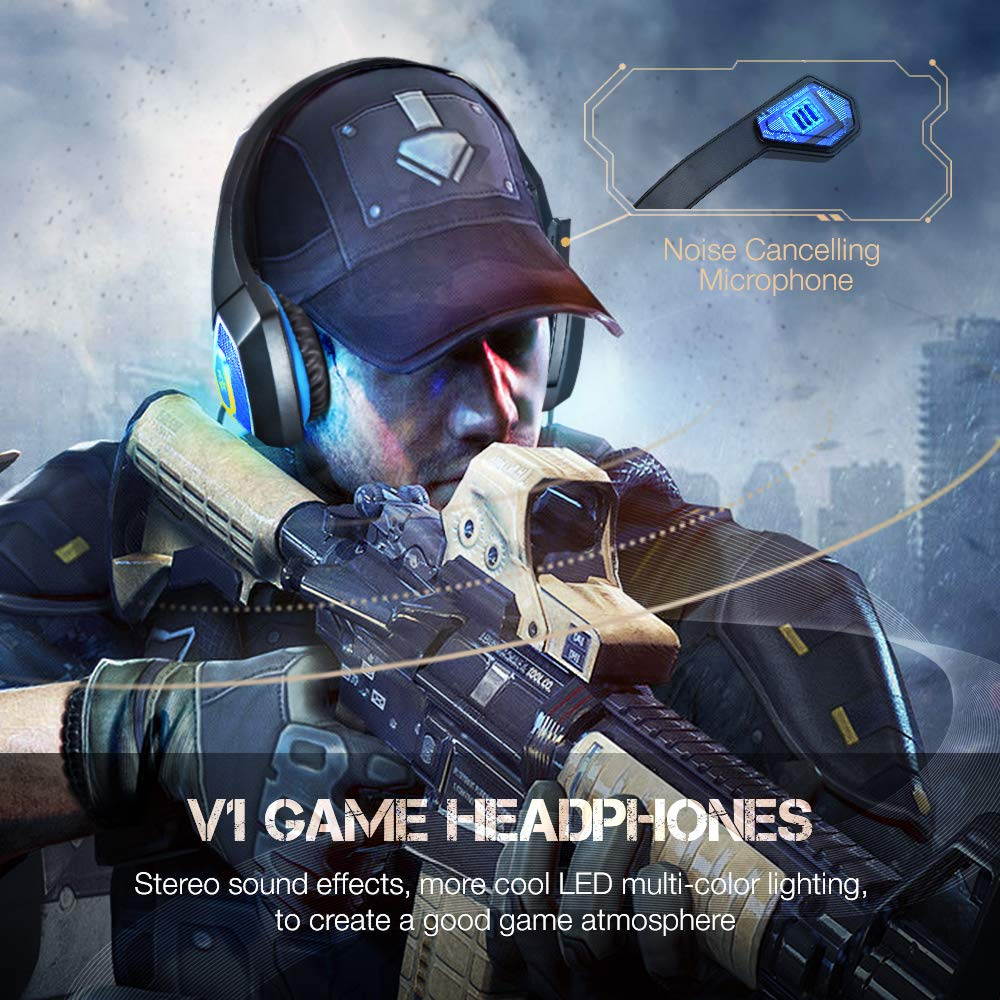 HUNTERSPIDER V1 Gaming Headset with Mic for Xbox One PS4 PC Switch Tablet Smartphone, Headphones Stereo Over Ear Bass 3.5mm Microphone Noise Canceling 7 LED Light Soft Memory Earmuffs(Free Adapter)