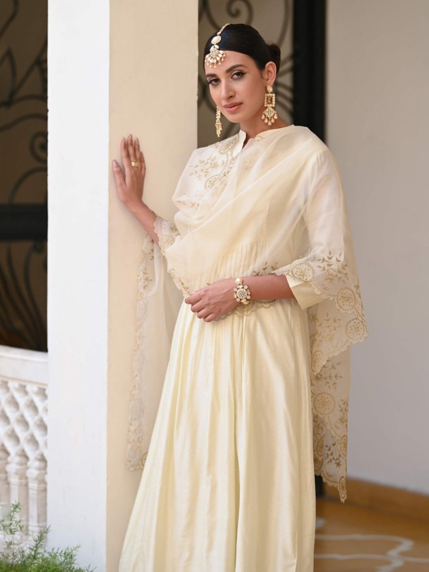 Mahee Jaipur Beige Ivory Cut Work Pure Chanderi Kurta With Pant And Dupatta