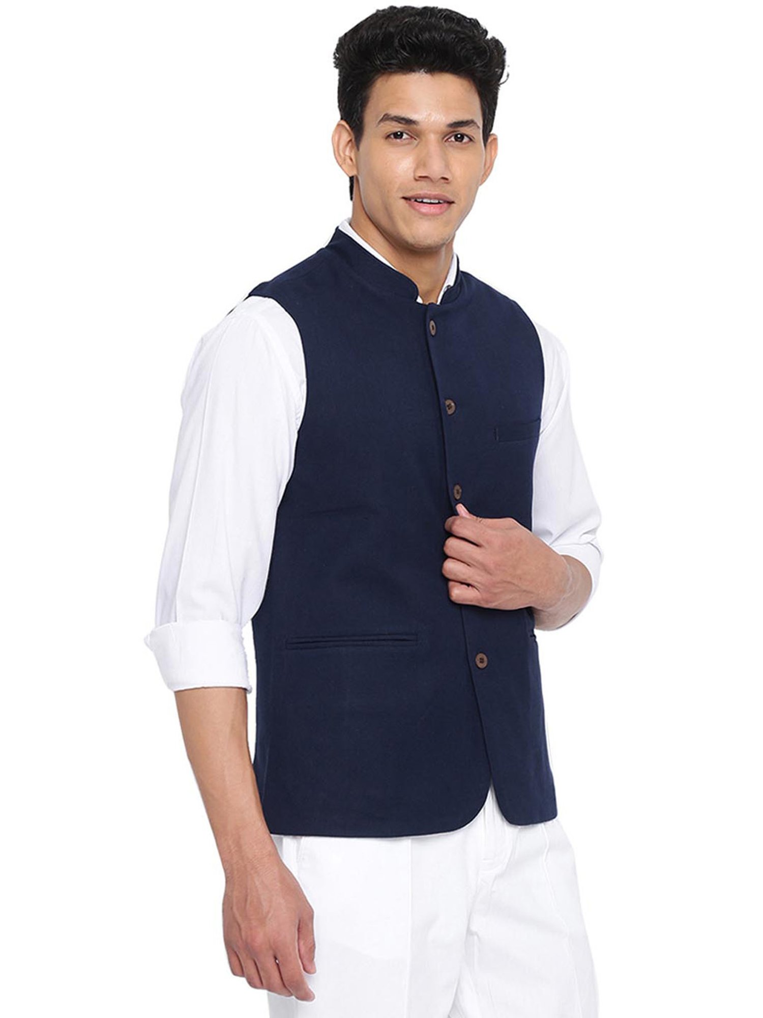 Fabindia Navy Cotton Slim Fit Nehru Jacket