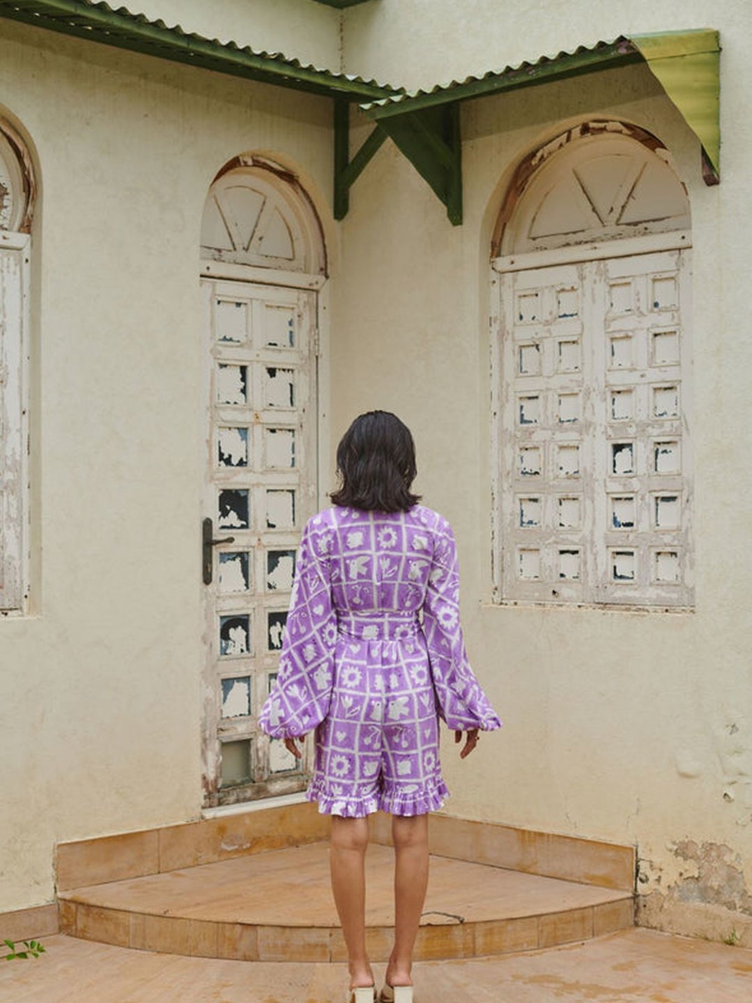 Khajoor Studio Purple & White Sundaze Hakuna Matata Ruffle Short Jumpsuit