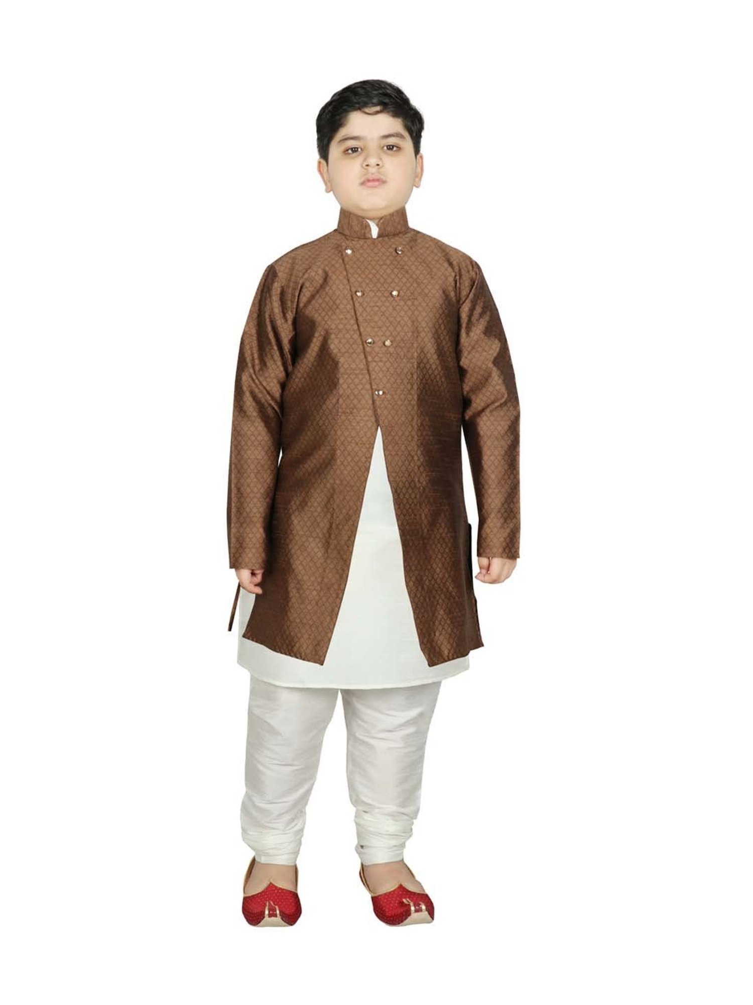 SG Yuvraj Kids Brown & White Textured Pattern Full Sleeves Kurta Set