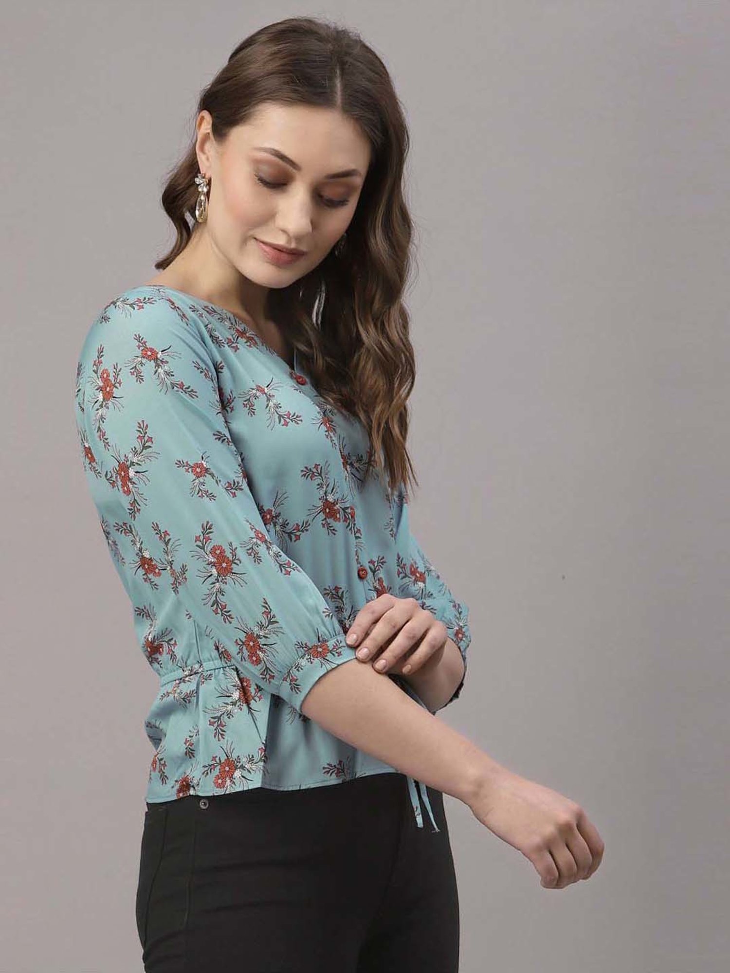 SELVIA Sky Blue Printed Top