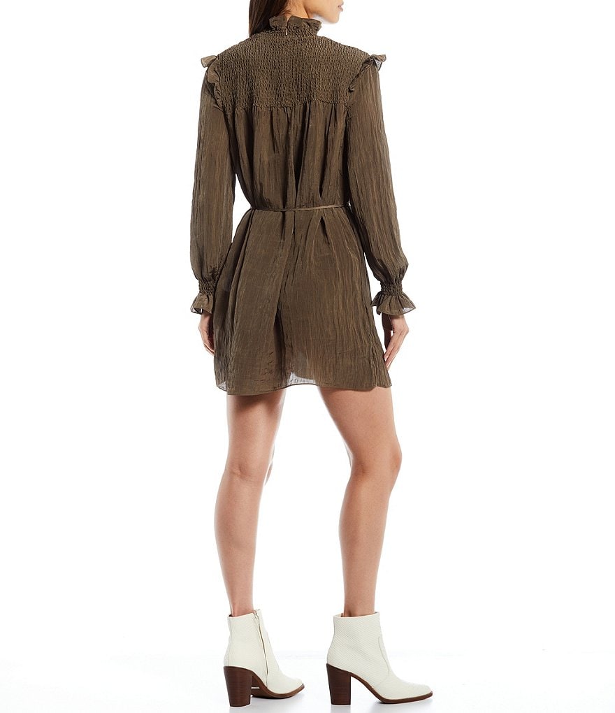 French Connection Boza Crinkle Woven Mock Neck Long Blouson Sleeve Smocked Yoke Pleated Detail Mini Dress
