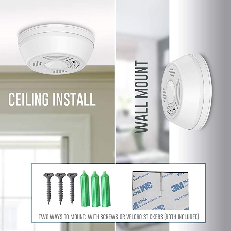 Smoke Detector 32Gb Included WiFi Motion Detection Hidden Surveillance Camera Night Vision w. 180 Days Standby Battery & Magnetic Pads Recessed Light Trim Installation Tool (Downview)
