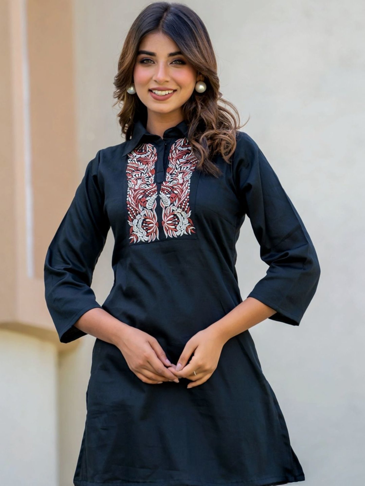 HOUSE OF JAMOTI Black Cotton Embroidered Tunic Pant Set