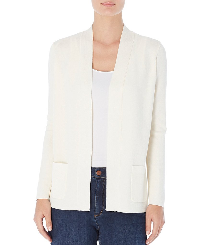 Jones New York Rib Trim Open-Front Long Sleeve Cardigan with Patch Pockets