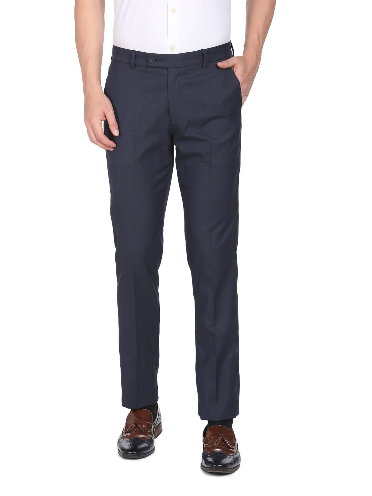 Arrow Navy Regular Fit Self Pattern Trousers