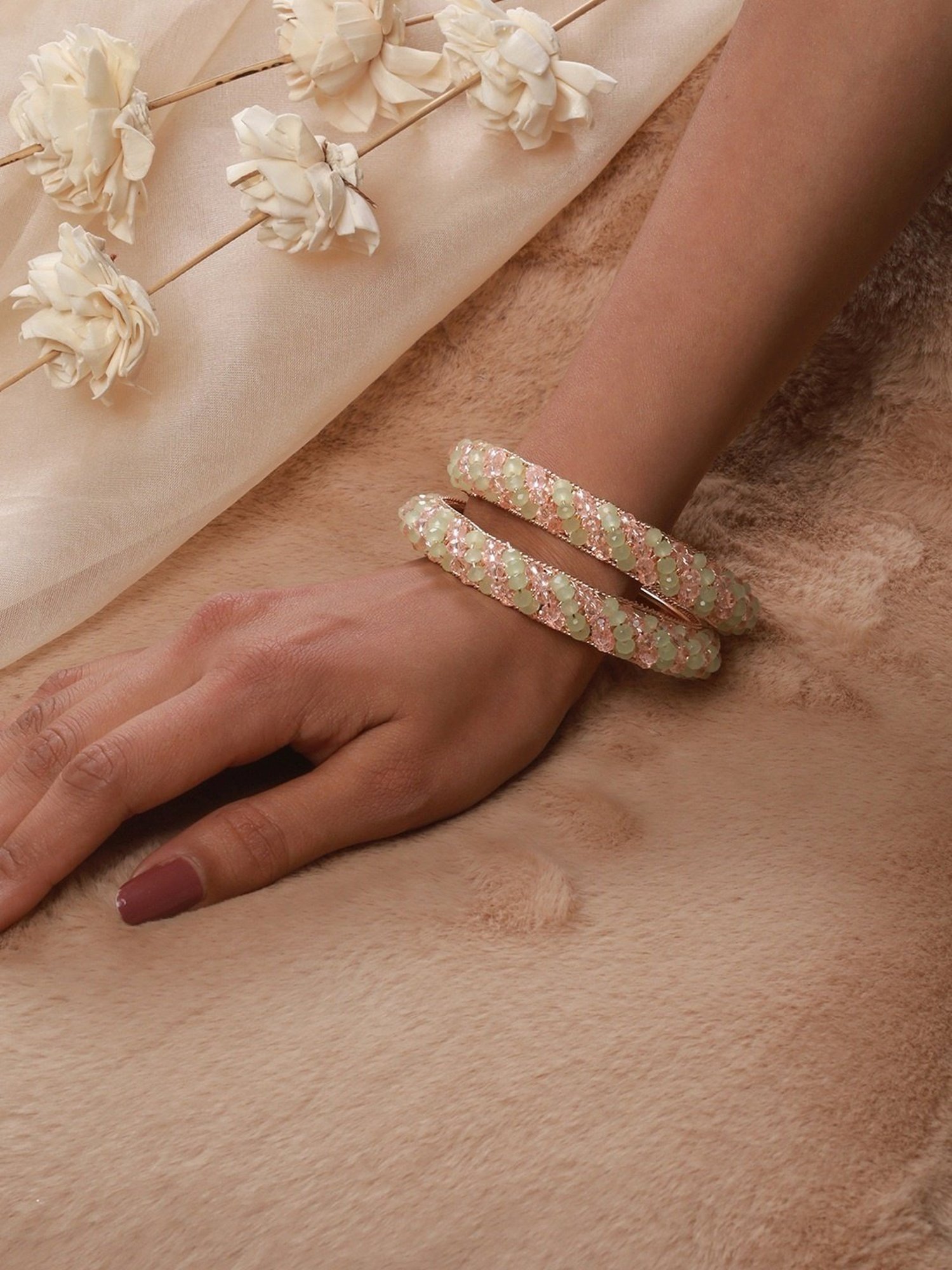 Aatmana Rose Gold-Plated Pink & Rose Crystal Beaded Bangles for Women (Set of 2) - 2.8