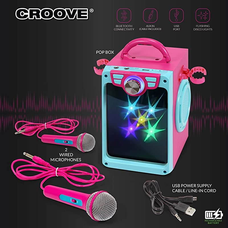 Karaoke Machine for Kids | Karoke Set with 2 Microphones | Bluetooth/AUX/USB Connectivity | Pink Kareoke Machine for Girls | Portable Singing Machine with Flashing Disco Lights