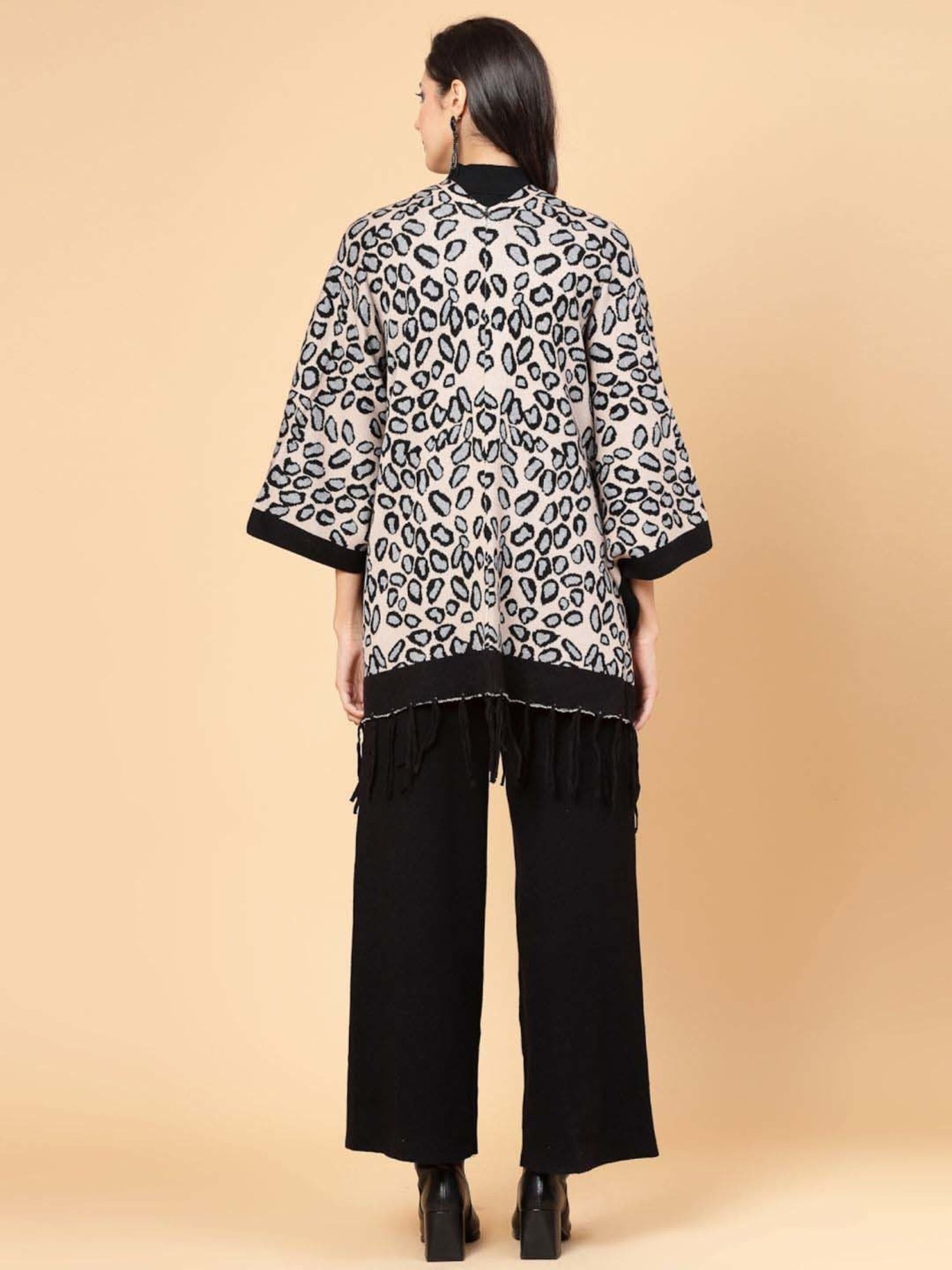 Mafadeny Beige & Black Printed Top Pants Set With Shrug