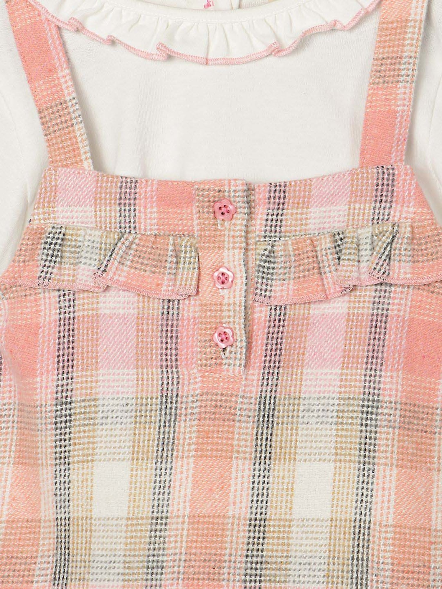 Nauti Nati Kids Pink & White Cotton Chequered Full Sleeves Dress Set