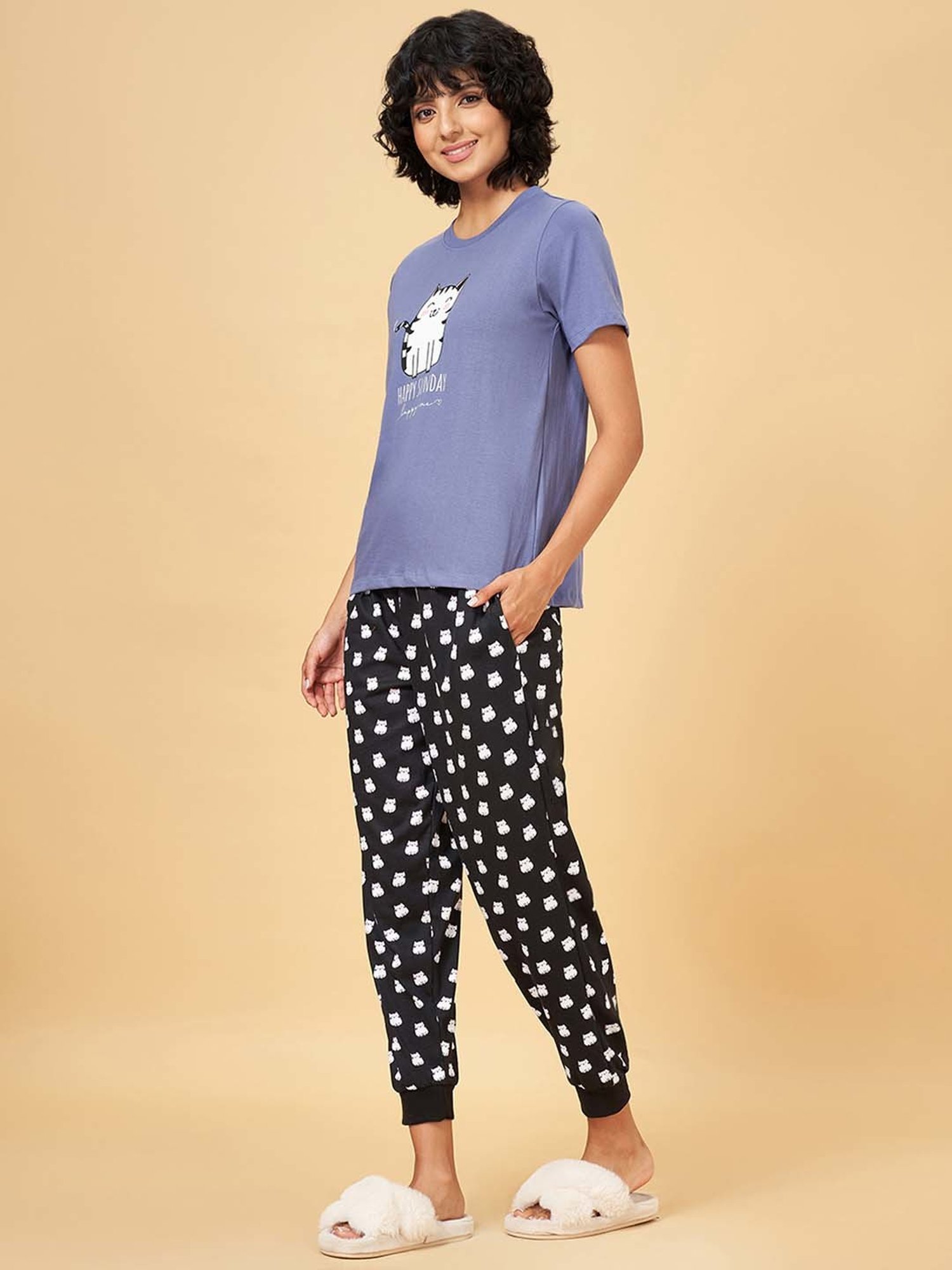 YU by Pantaloons Blue & Black Cotton Printed T-Shirt Pyjamas Set