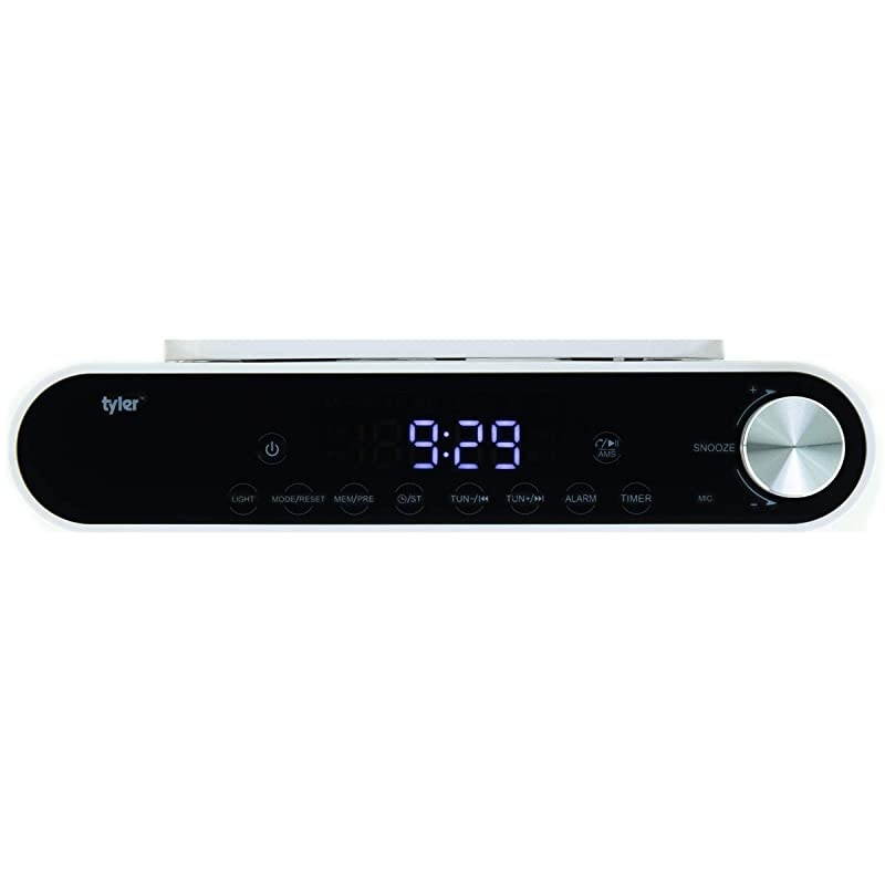 Bluetooth Under The Cabinet Universal Wireless Music System, Kitchen Clock Radio, FM Radio, Digital Clock, Hands Free Speakerphone, LED Work Surface Lighting - White (TKS2-WH)