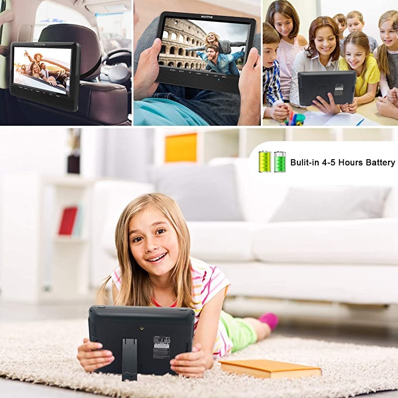 10.5'' Car Dual DVD Player Portable Kids Headrest CD Players, Two Mounting Brackets Built-in 5 Hours Rechargeable Battery Great for Family Travel (1 Player+1 Monitor)