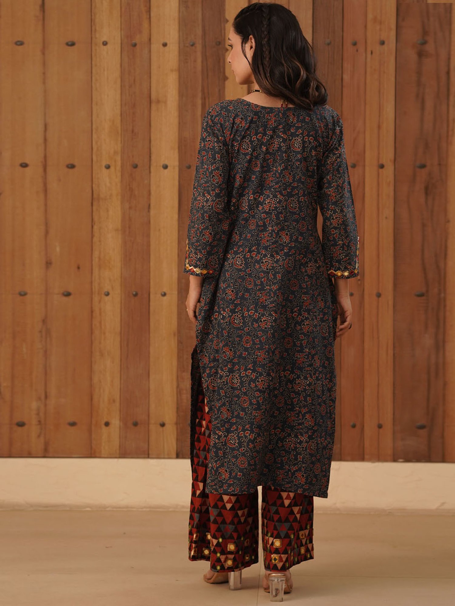Love Chic Ajrakh Flare Kurta with side slits and 3/4th sleeves