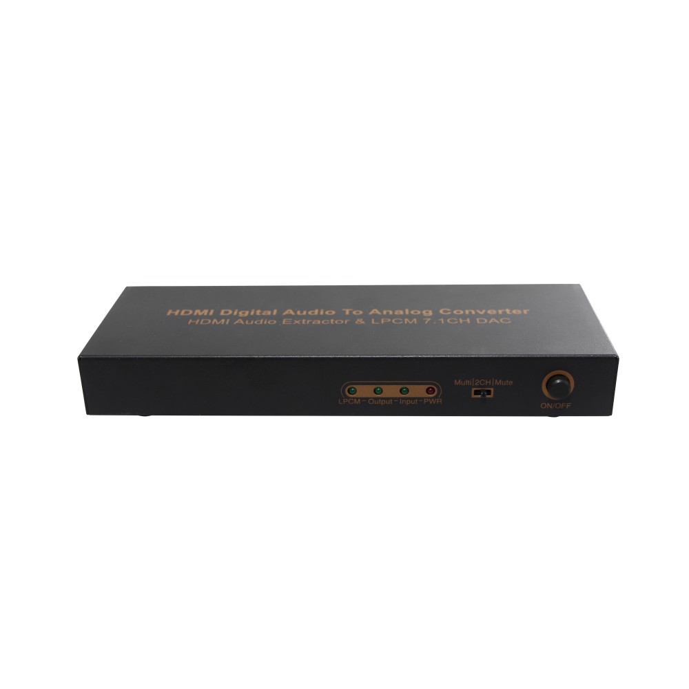 LPCM 7.1CH HDMI Audio Converter.Supports 12-bit Deep Color Full HD,3D and 4K2K video.Uses 24bit /192KHz DAC.Support multi-channel LPCM digital audio to analog output, up to 7.1CH.