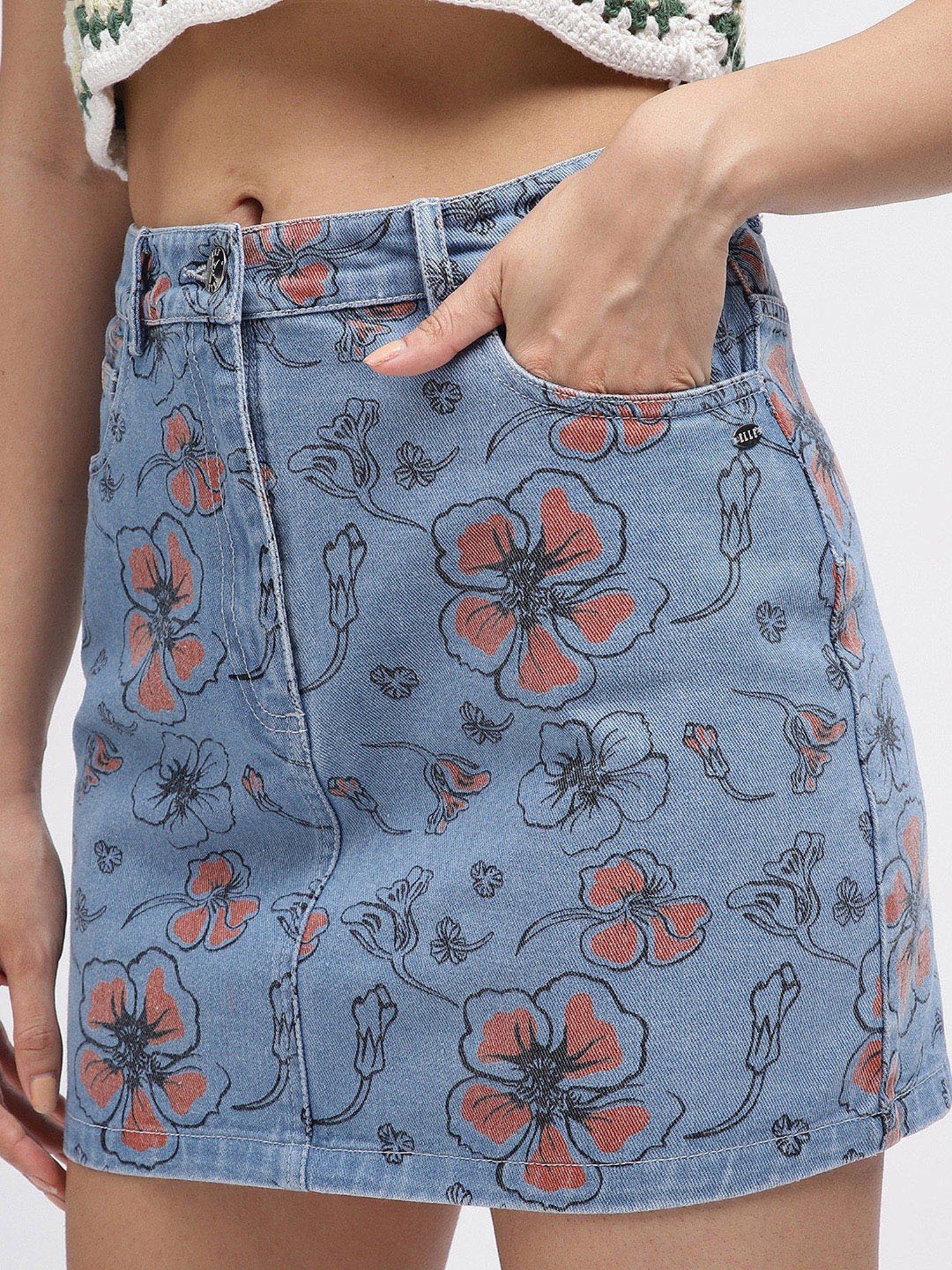 Elle Blue & Red Cotton Floral Print Skirt