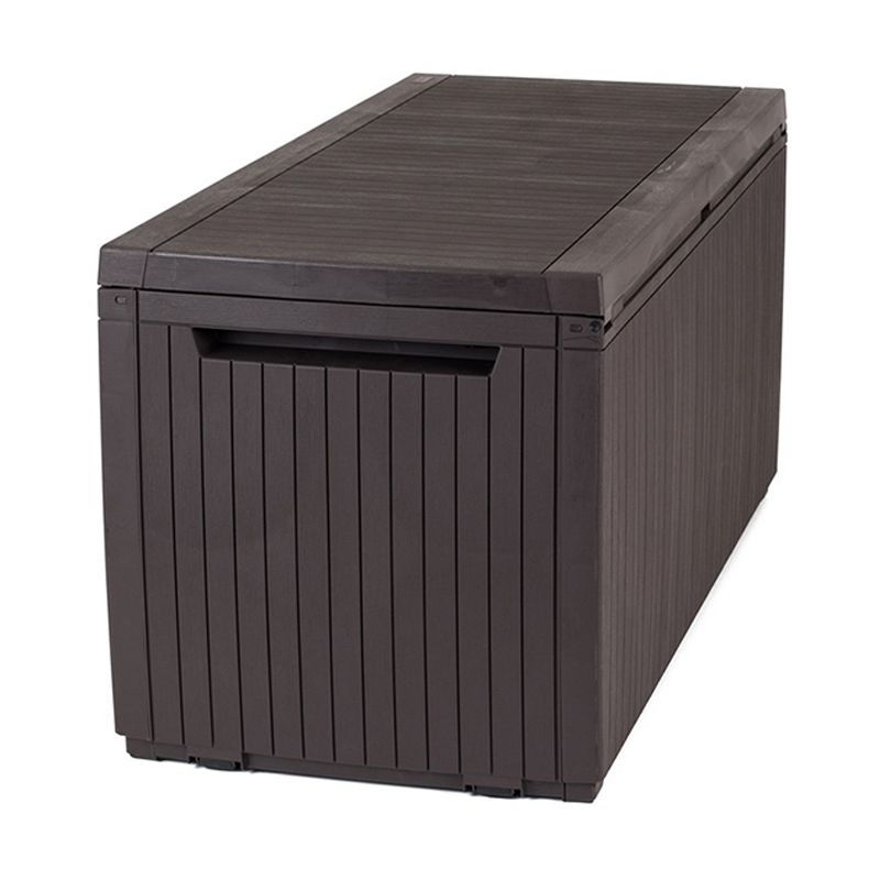 Keter 243547 Springwood 80 Gallon Resin Outdoor Storage Box for Patio Furniture Cushions, Pool Toys, and Garden Tools with Handles, Dark Brown