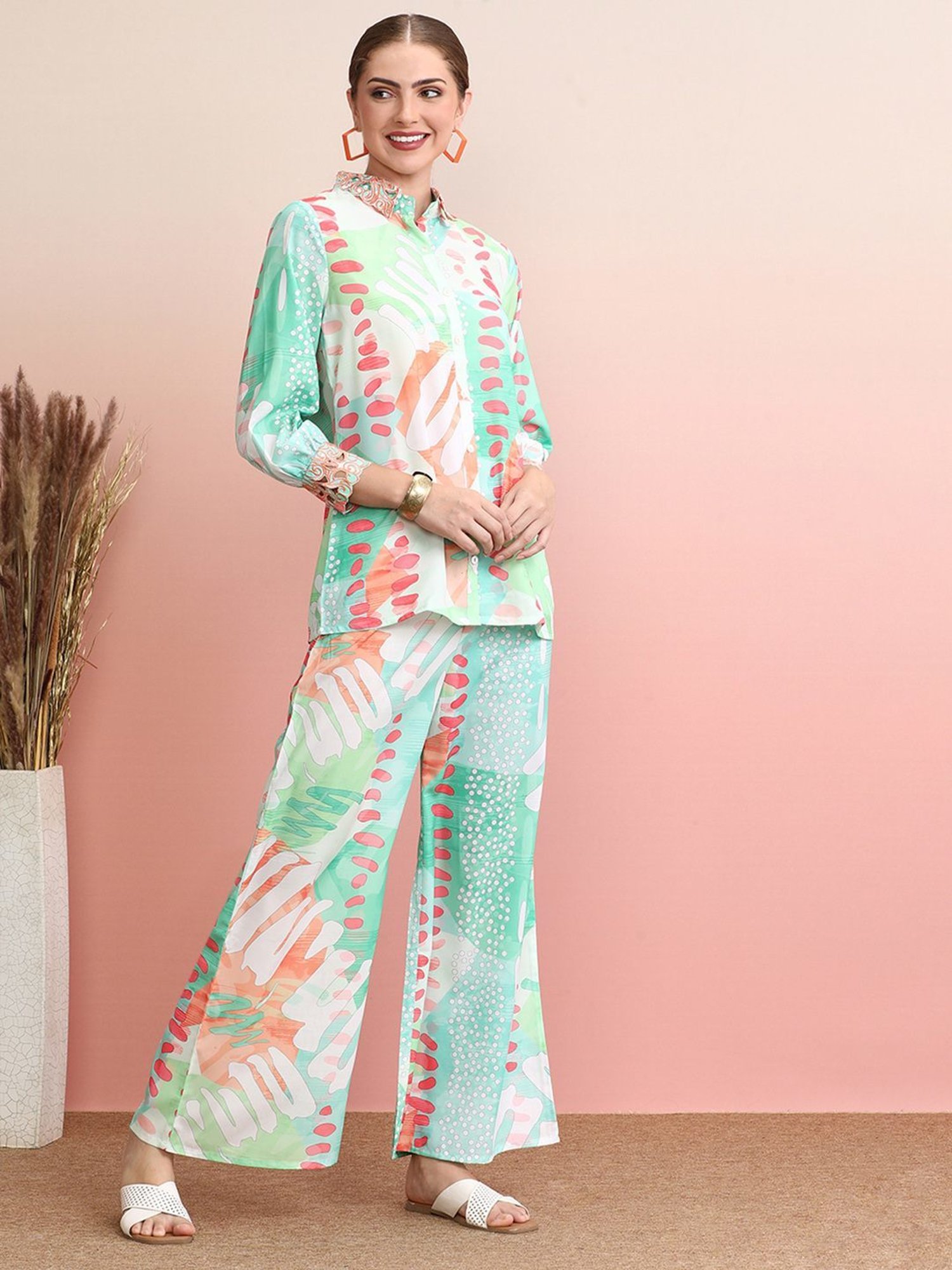 Indo Era Green Printed Shirt Palazzo Set