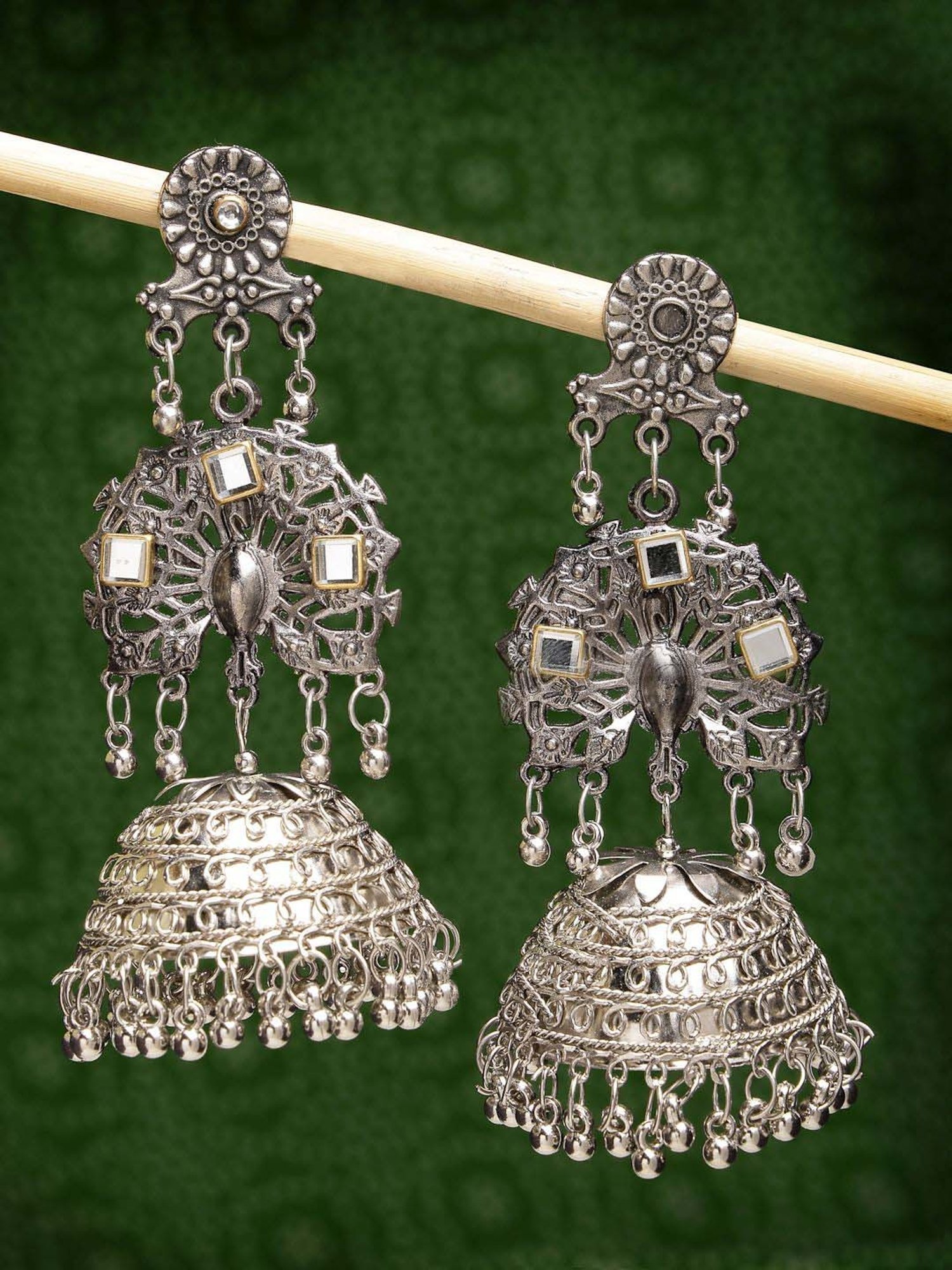 NVR Silver Plated Mirror Work Contemporary Oxidized Jhumki Earrings for Women