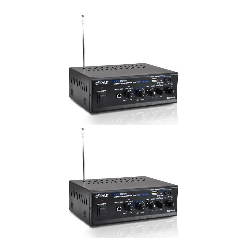 Pyle PTA22BT Mini Compact Bluetooth 80 Watt 2 Channel Home Audio Amplifier Stereo Receiver Sound System with Microphone Input (2 Pack)