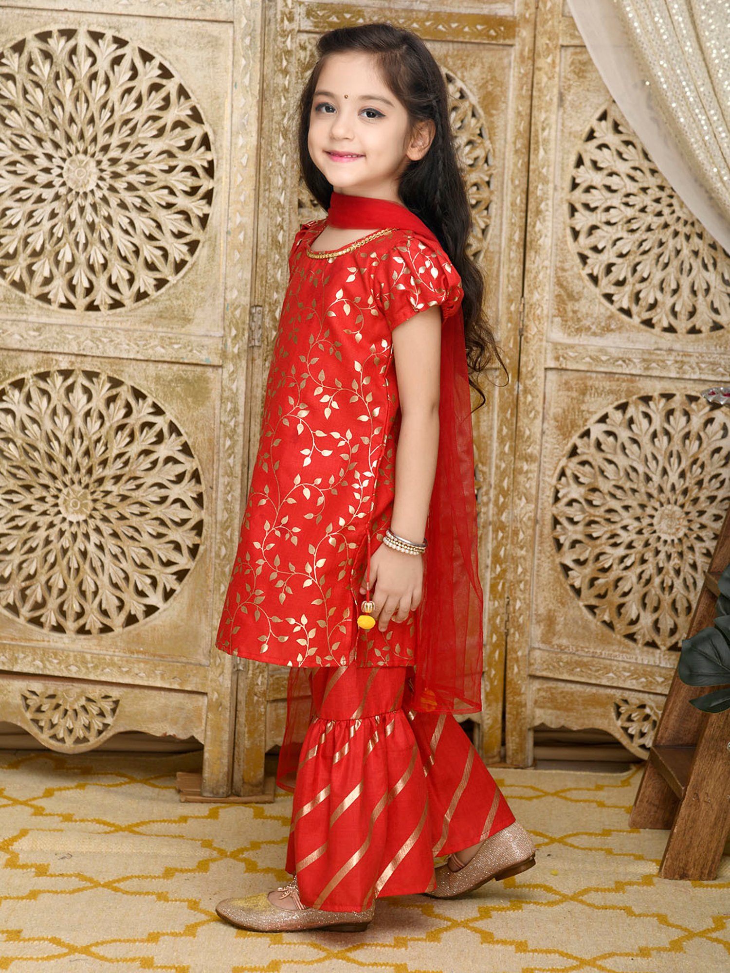 Saka Designs Kids Red & Gold Printed Kurta with Sharara & Dupatta