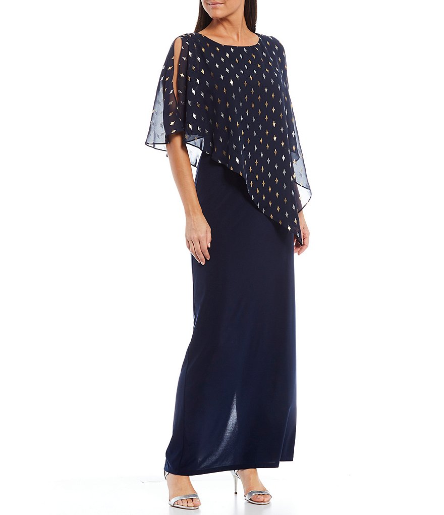 Ignite Evenings Metallic Polka Dot Asymmetric Cape Column Gown