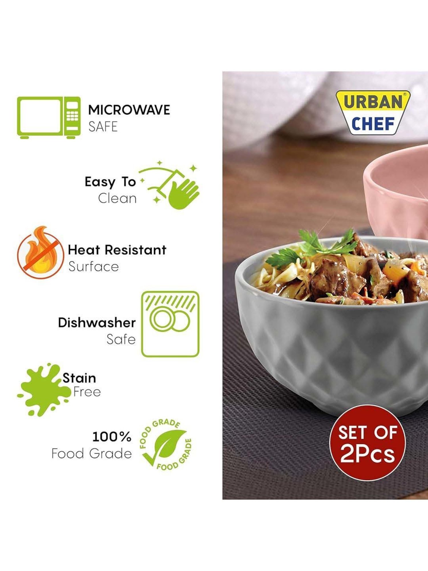 Urban Chef Pink & Grey Ceramic Handcrafted Microwave Safe Bowl (0.5 L) - Set of 2