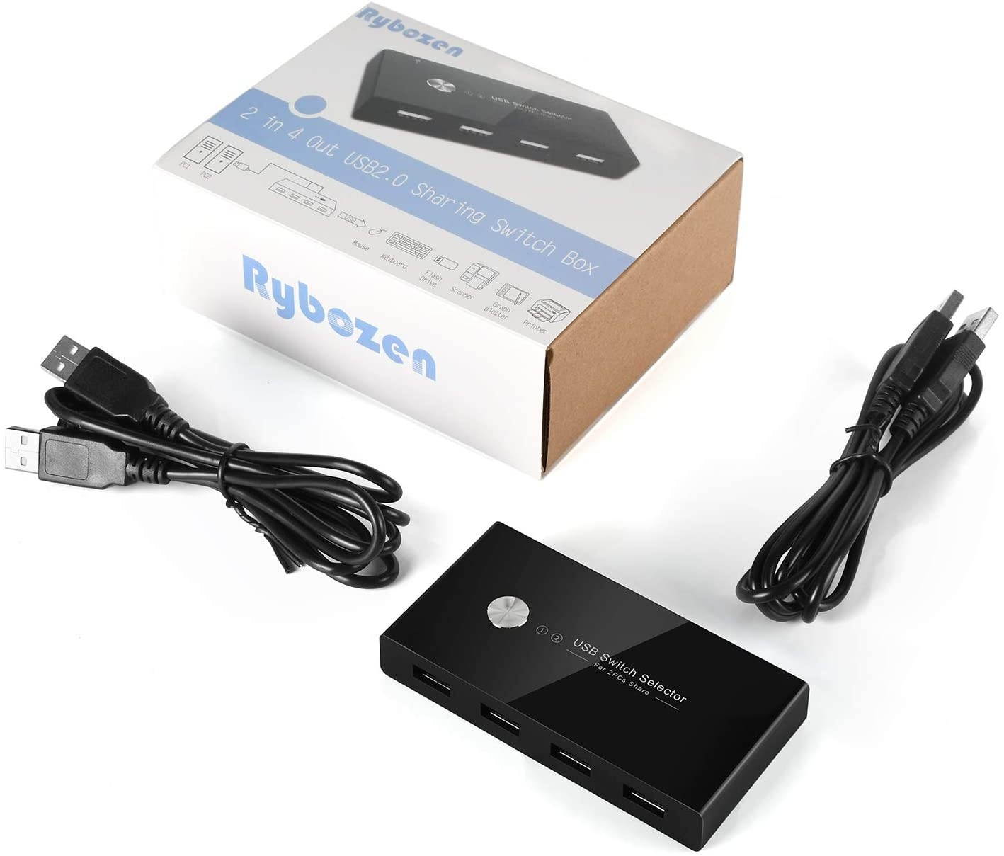 USB Switch Selector KVM Switch Adapter 2 PC Sharing 4 USB Devices USB 2.0 Peripheral Box Hub for Keyboard Mouse Scanner Printer Computerwith One-Button Swapping and 2 Pack USB A to A Cable