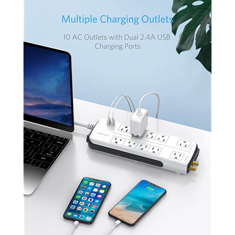 10Outlet 4000 Joules Surge Protector Power Strip with USB 15A 1875W with Dual 24A USB Charging Ports 6Foot Heavy Duty Extension Cord FCCUL Listed White