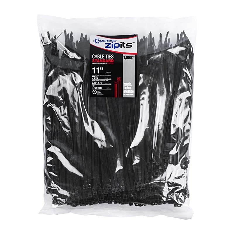 ZipIts Cable Ties 11-in 75 Lb Tensile Strength Standard Duty Self Locking UV Resistant Black Zip Ties, 1,000 Pack, UL Listed, Contractor Quality and Strength