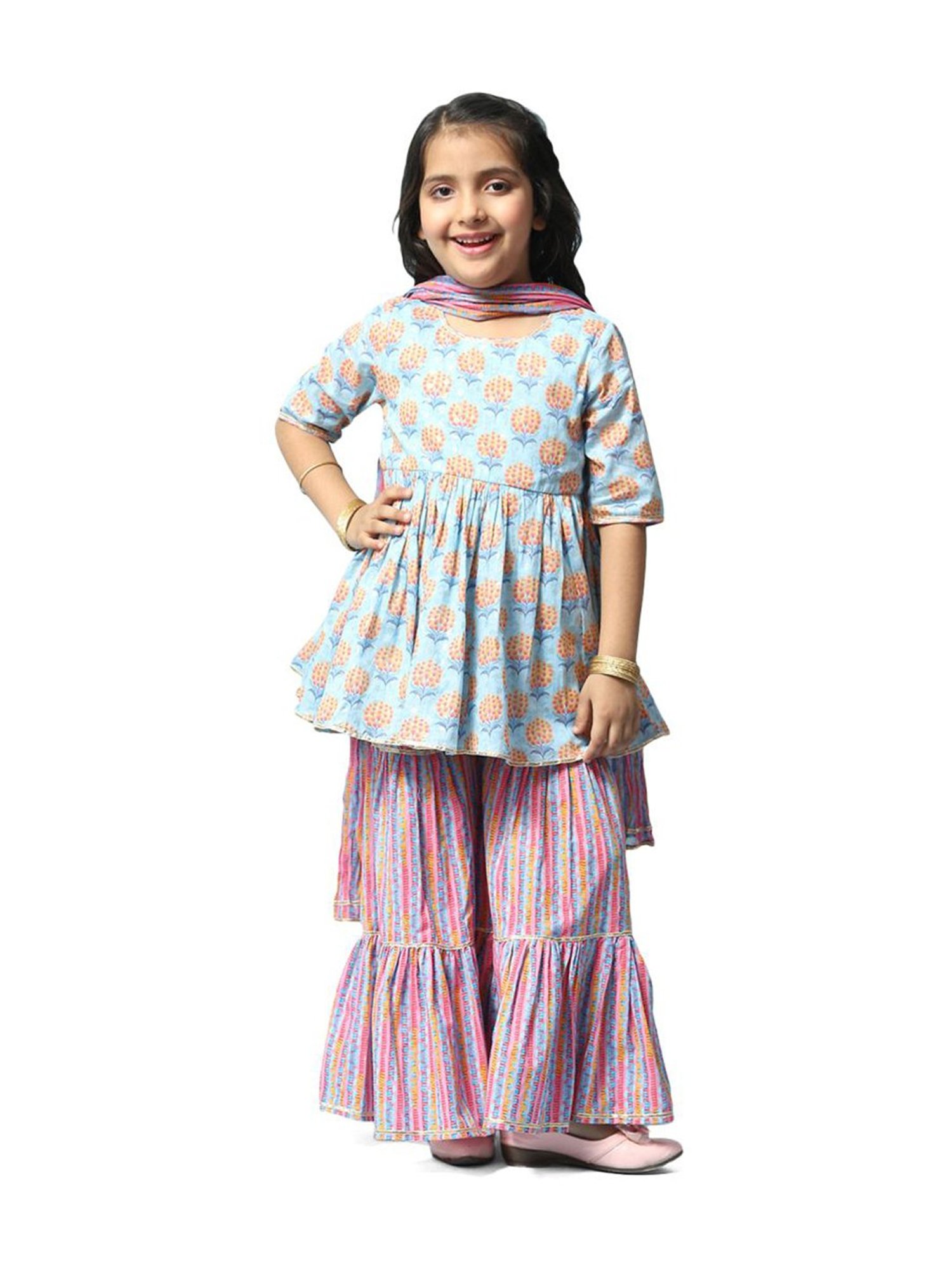 BIBA Girls Blue & Pink Cotton Printed Kurta Set