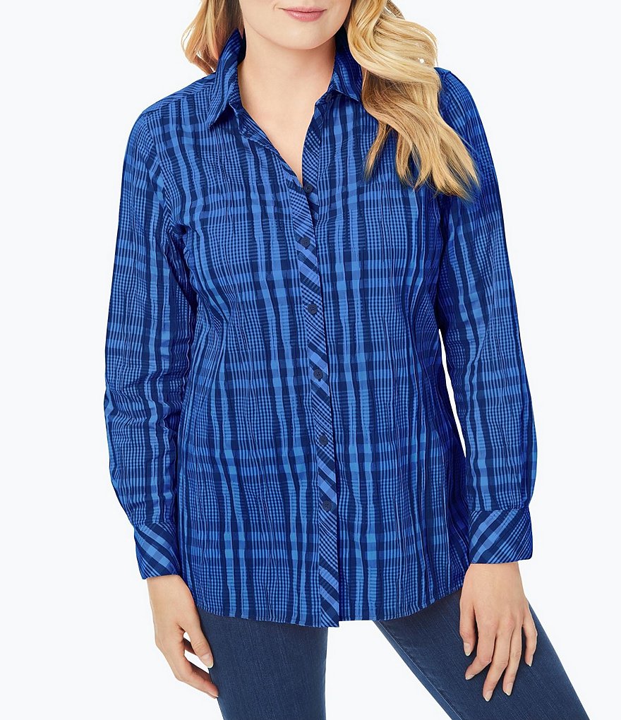 Foxcroft Plus Size Journey Point Collar Long Sleeve Plaid Button Front Shirt