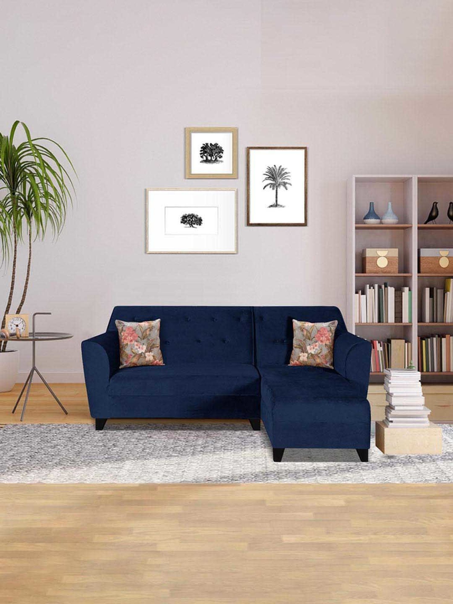 Trevi Blue Velvet & Neem Wood 5 Seater RHS Sectional Sofa