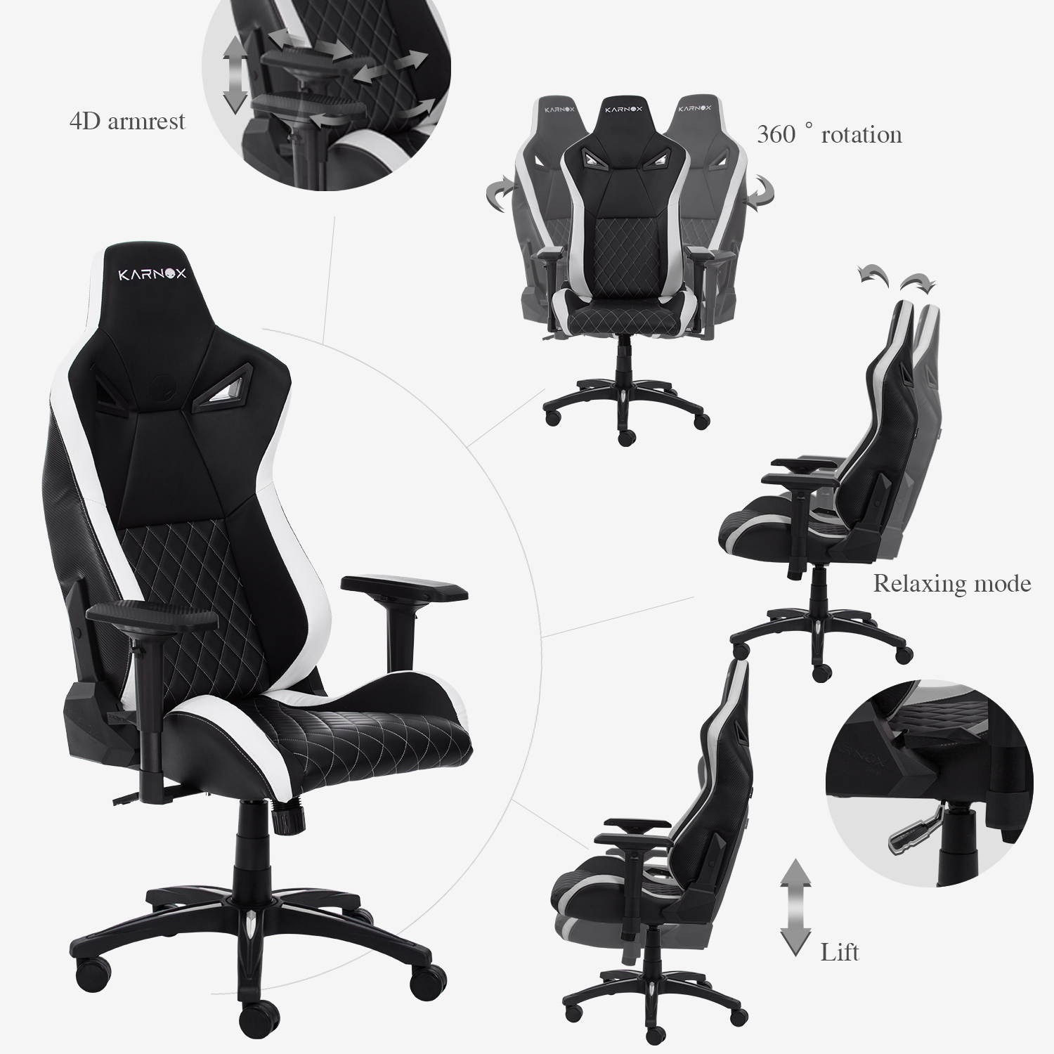 KARNOX Legend TR Racing Style Gaming Office Chair with Adjustable Height and Arm Rests, Ergonomic 155&deg; Reclining, Locking High Back with Integrated Headrest (Black)