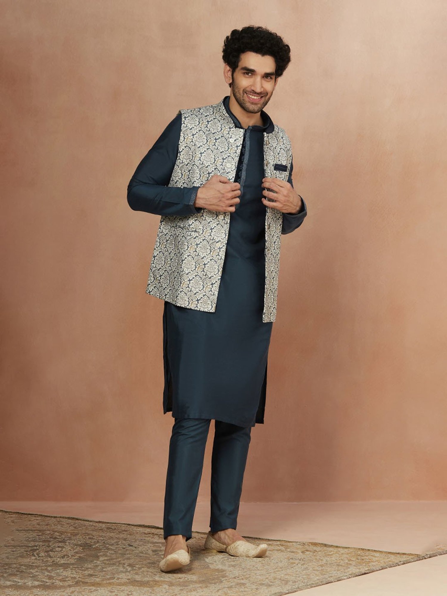 Manyavar White Printed Nehru Jacket