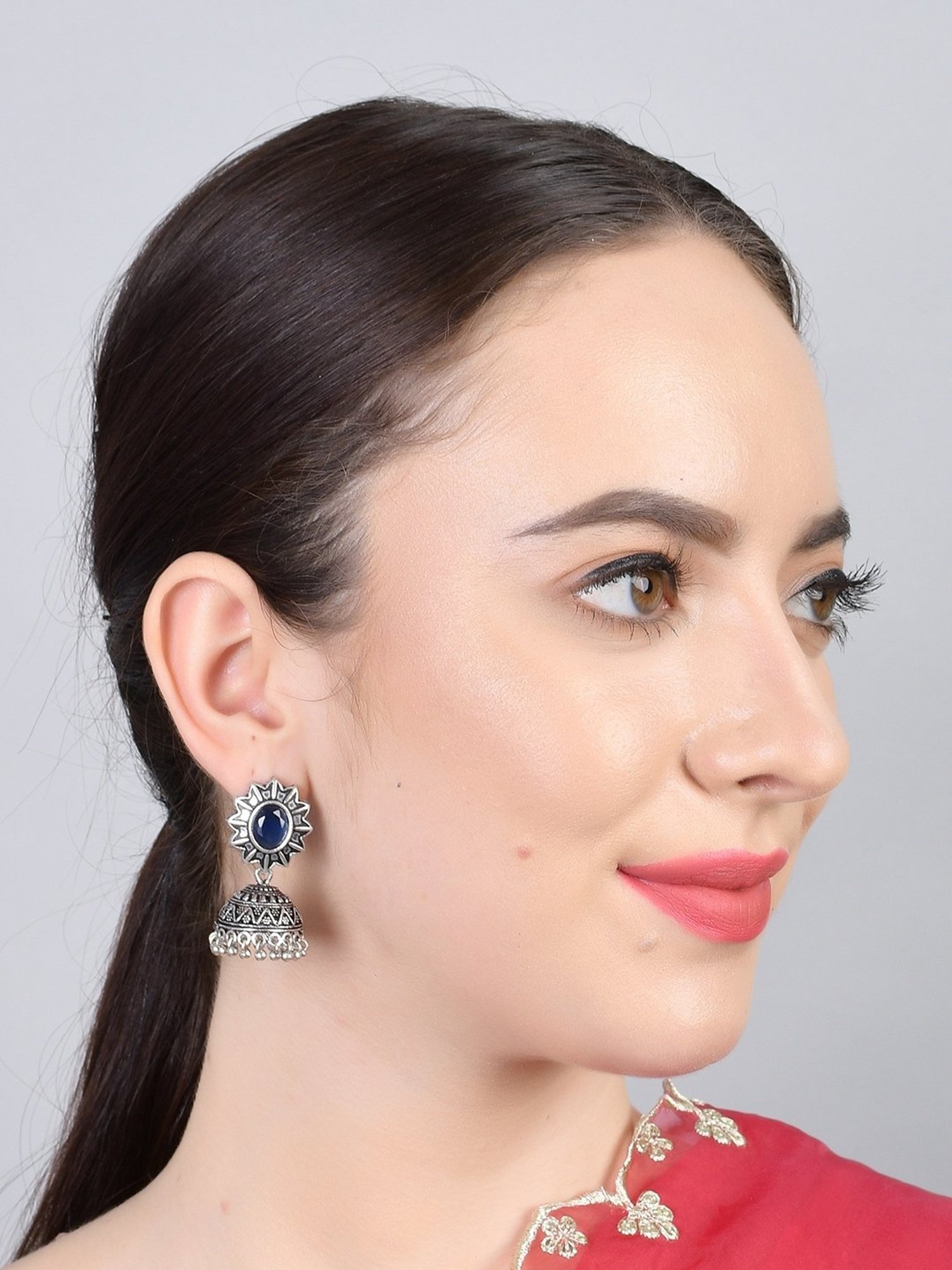 Imli Street Blue Silver Tone Stone-Studded Handcrafted Jhumki Earrings