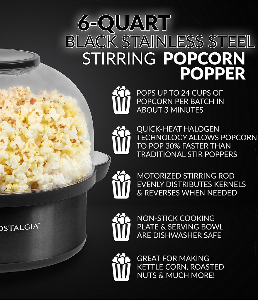 Nostalgia Electrics 6-Quart Stirring Speed Popcorn Popper, Black Stainless Steel